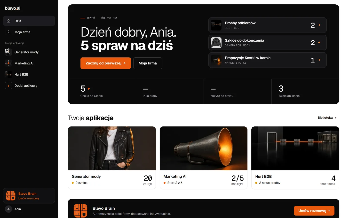 Panel bleyo.ai — Dziś: Twój dzień w jednym miejscu